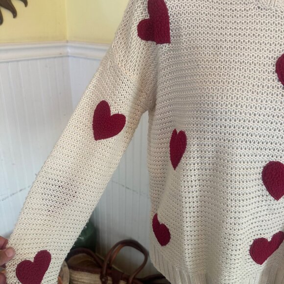 Cotton Candy M cream White sweater puffy red hearts knit over sized - Picture 2 of 5